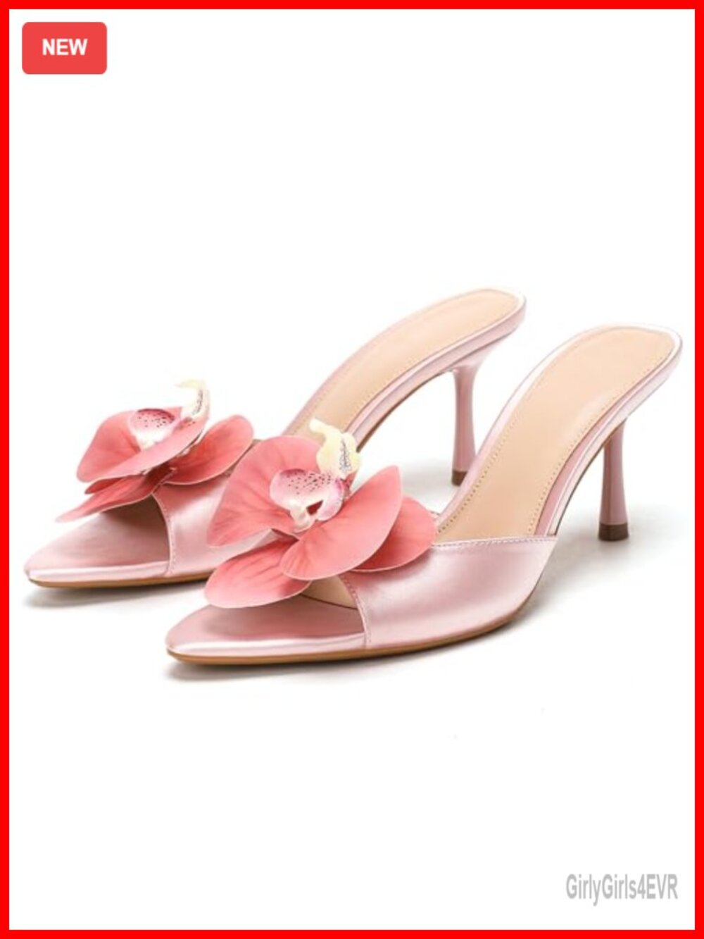 Satin Pointed Open Toe Stiletto High Heel Mules Sandals 3D Flowers Slingback